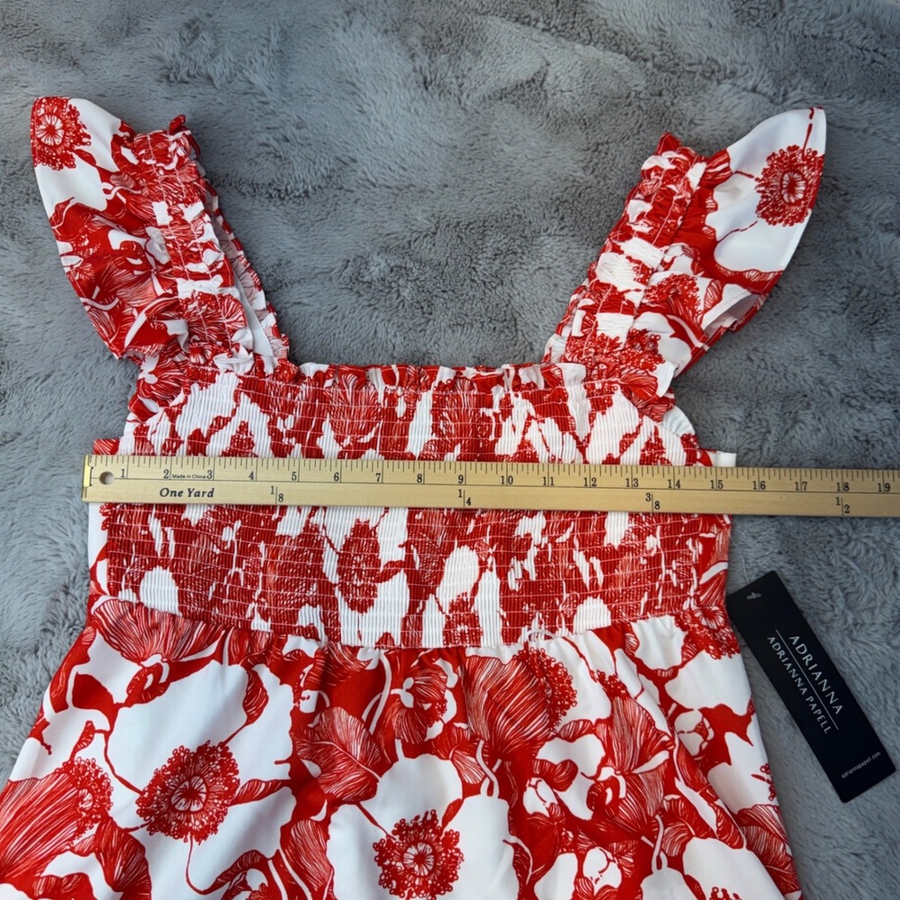 Adrianna Papell Red White Floral Smocked Ruffle Sun Dress Womens Size 6 NEW - Picture 9 of 16